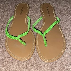 Lime green braided flip flops
